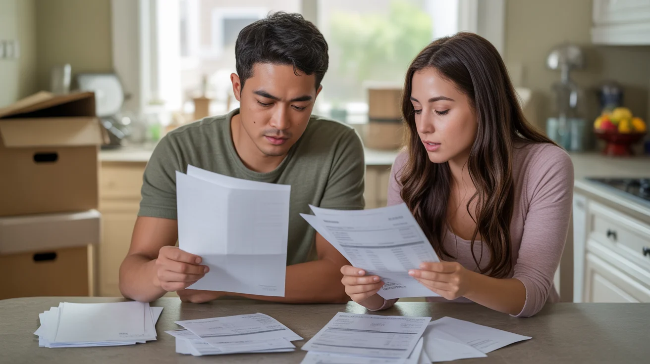 Couple reviewing utility bills and fees in Broomfield home kitchen