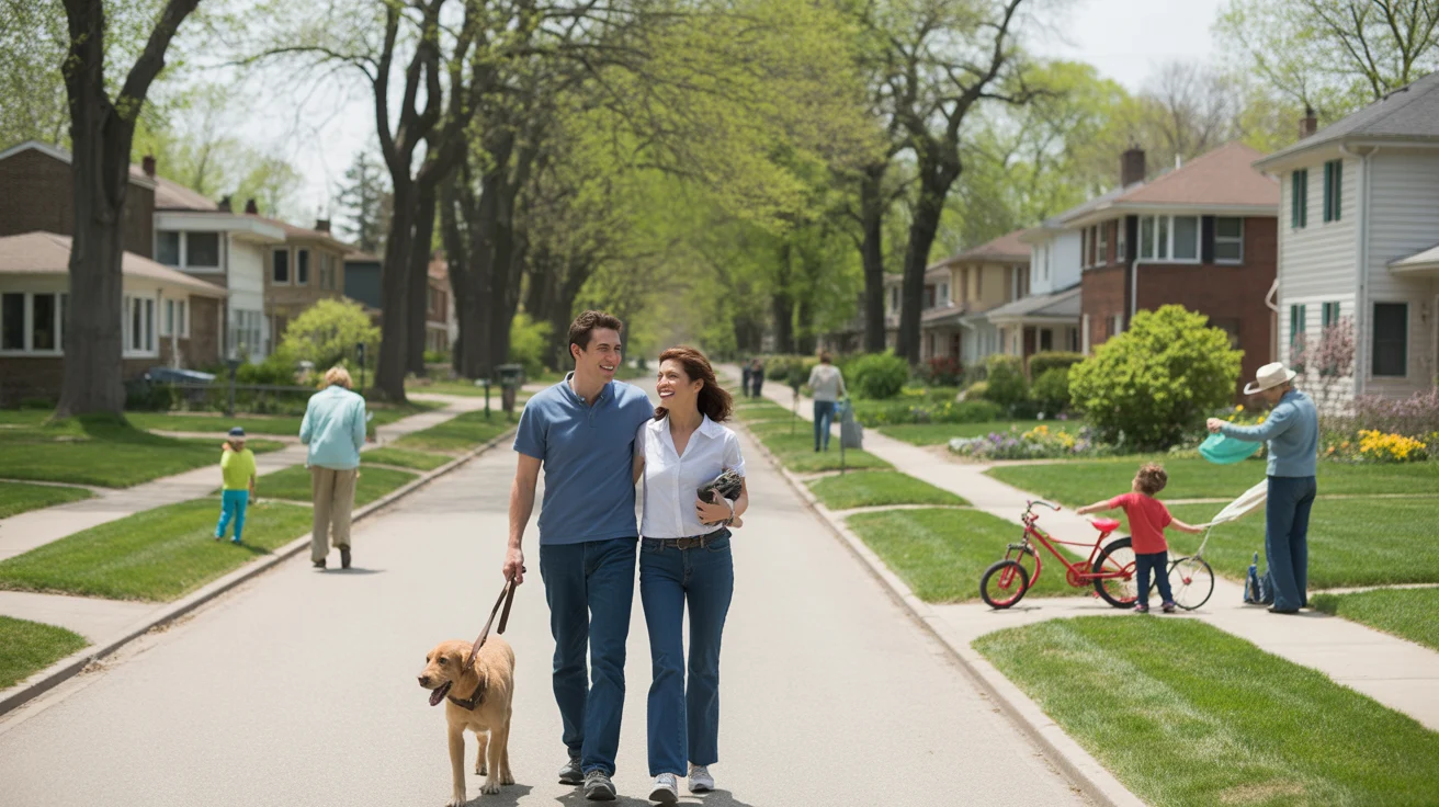 Couple walking dog on suburban Chicago street lined with well-kept homes