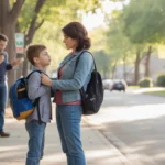 Mother and son waiting for the school bus on a suburban street in Commerce City, Colorado