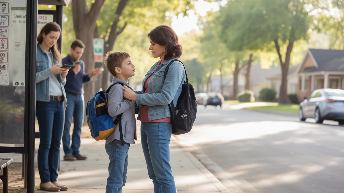 Mother and son waiting for the school bus on a suburban street in Commerce City, Colorado