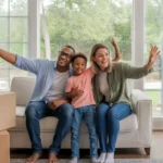Family video chats with relatives from living room of new home in The Woodlands, TX