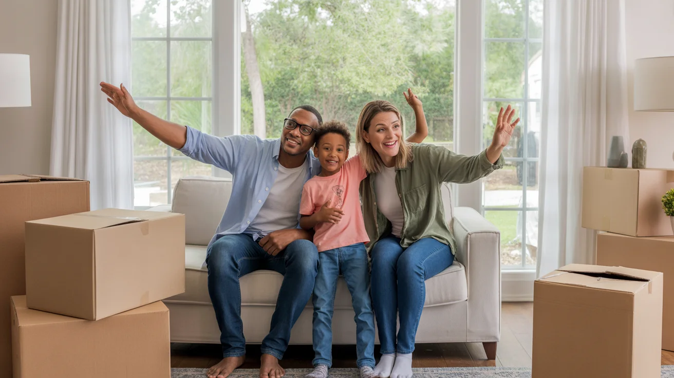 Family video chats with relatives from living room of new home in The Woodlands, TX