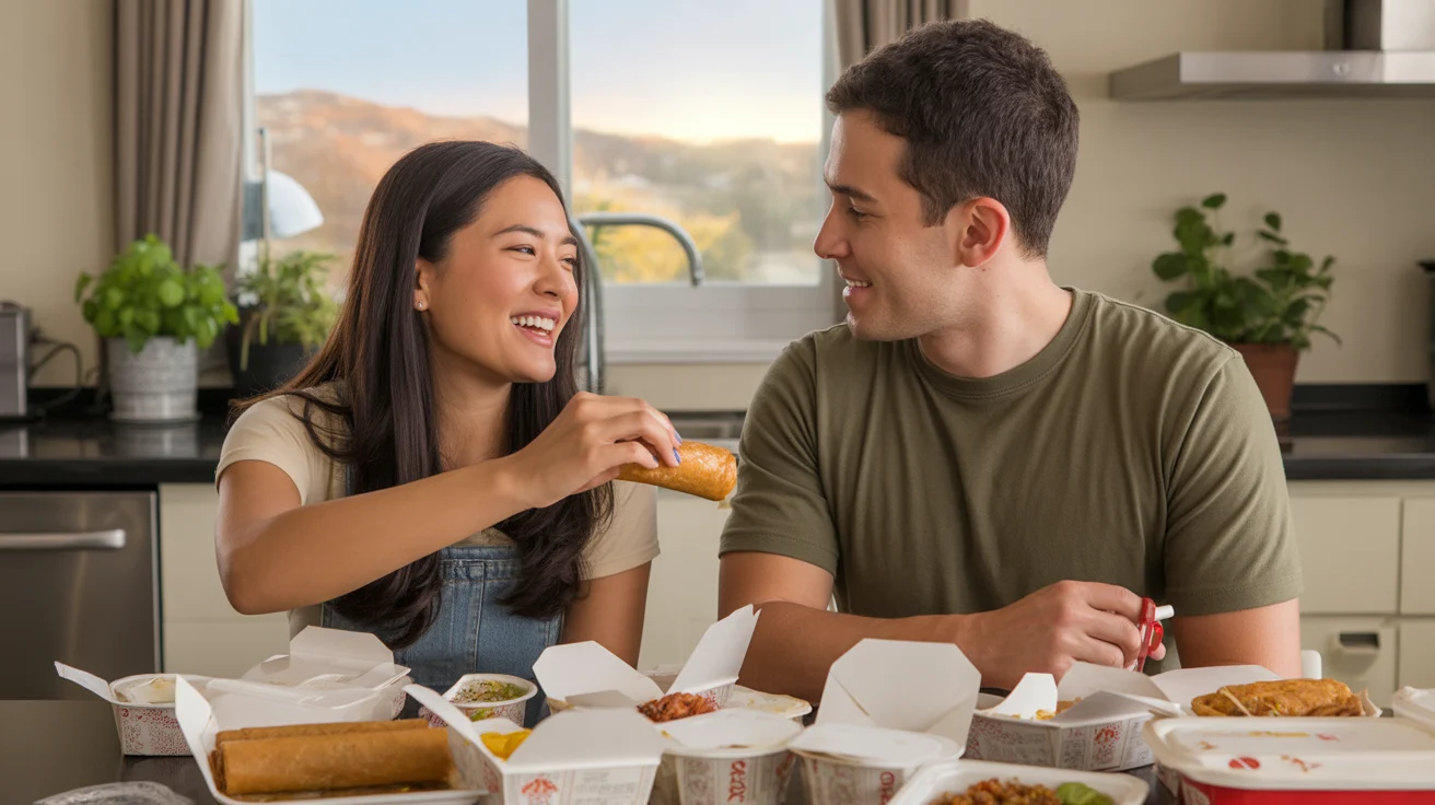 A young couple enjoys a takeout dinner together in their Irvine apartment kitchen at sunset.