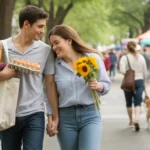 A couple walks home from the Roswell farmer's market with fresh groceries and flowers, enjoying a sunny afternoon together.