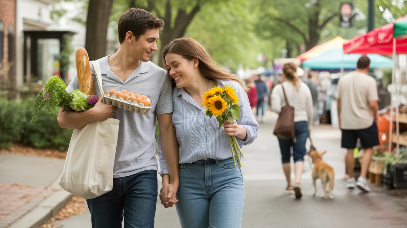 A couple walks home from the Roswell farmer's market with fresh groceries and flowers, enjoying a sunny afternoon together.