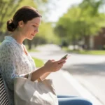 Woman checking phone while waiting for the bus at a stop in Pflugerville, TX