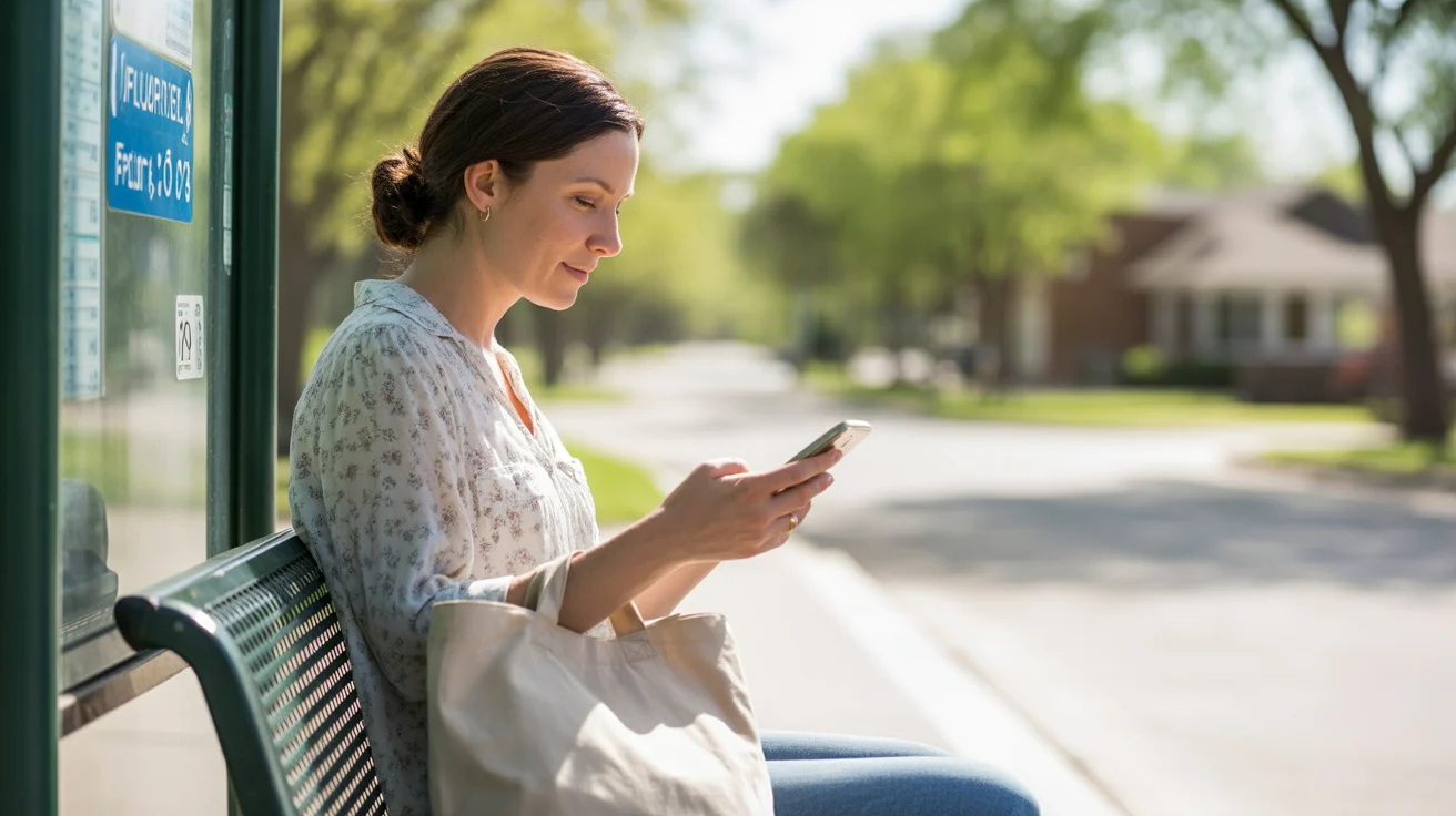 Woman checking phone while waiting for the bus at a stop in Pflugerville, TX