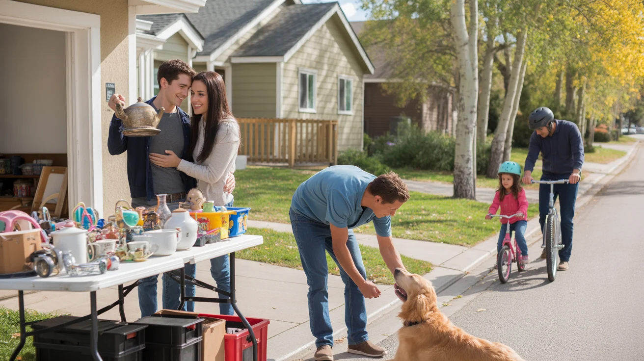 Neighbors having a friendly garage sale outside a condo and house in Boulder, Colorado on a sunny fall morning
