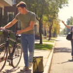Man assembling bicycle outside Lakewood CO apartment on sunny fall morning