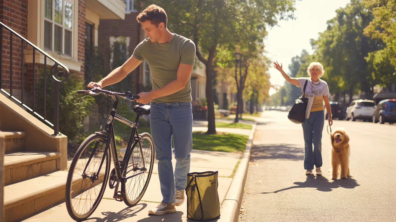 Man assembling bicycle outside Lakewood CO apartment on sunny fall morning