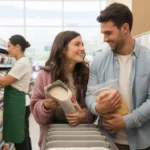Couple shops for bulk dry goods in grocery store