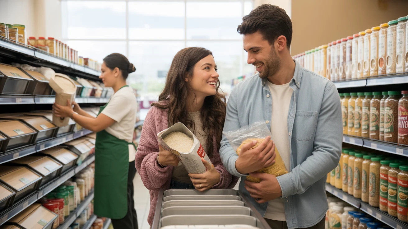 Couple shops for bulk dry goods in grocery store