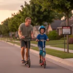Father and son riding scooters together on sidewalk in residential Lakewood neighborhood at sunset