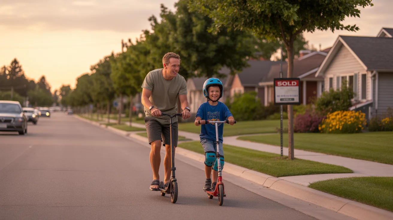 Father and son riding scooters together on sidewalk in residential Lakewood neighborhood at sunset