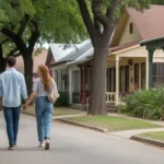Couple walking dog past shops and homes in New Braunfels, Texas