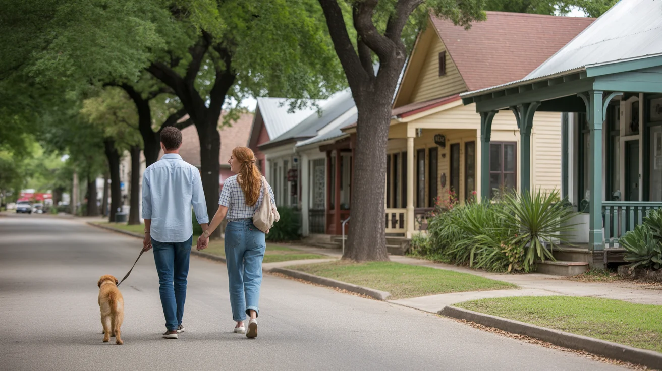 Couple walking dog past shops and homes in New Braunfels, Texas