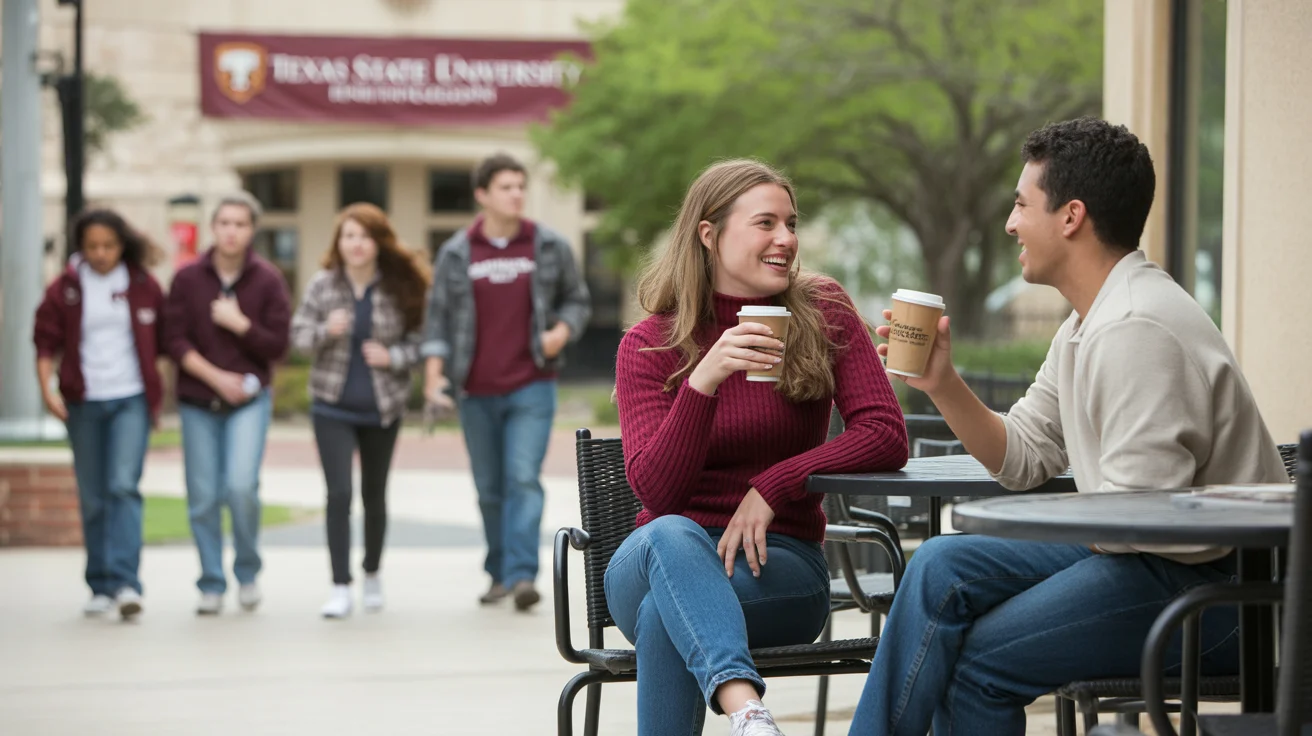 Friends having coffee outdoors in San Marcos near Texas State University campus