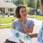 Taylorsville homeowner discussing landscaping plans and costs with professional in driveway of suburban home