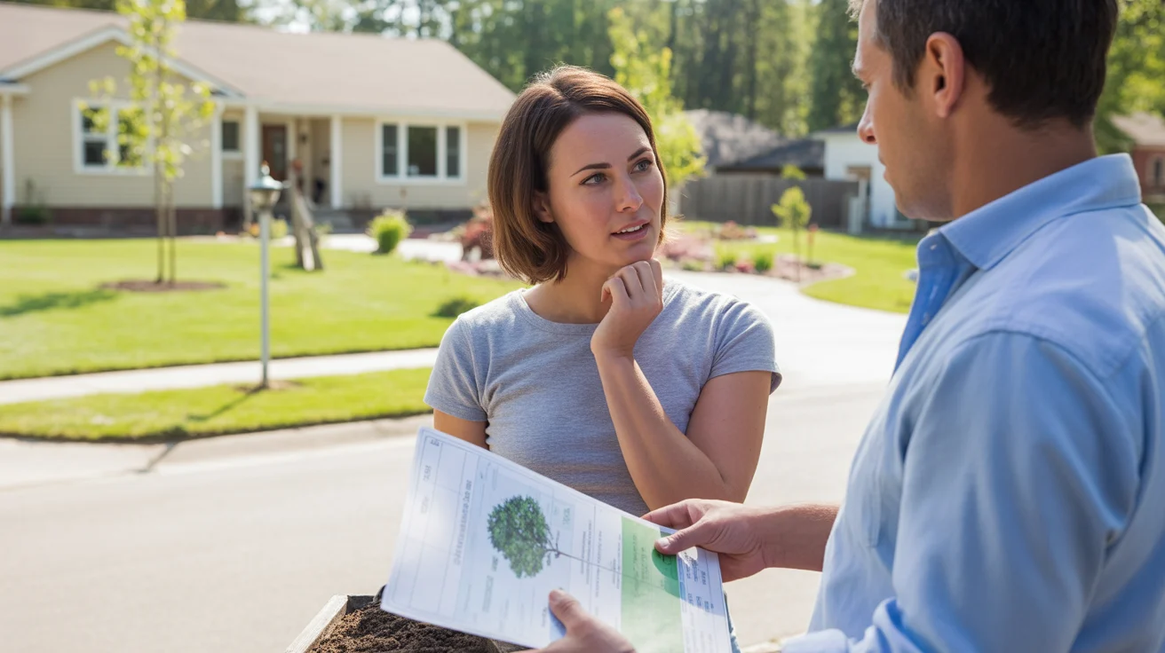Taylorsville homeowner discussing landscaping plans and costs with professional in driveway of suburban home