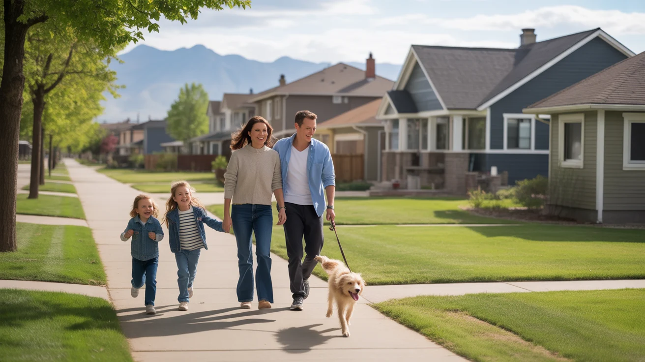 Family walking dog in residential neighborhood in Thornton, Colorado