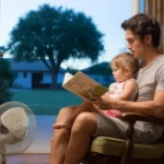 Father reads to daughter in chair by window at home in Tustin, California