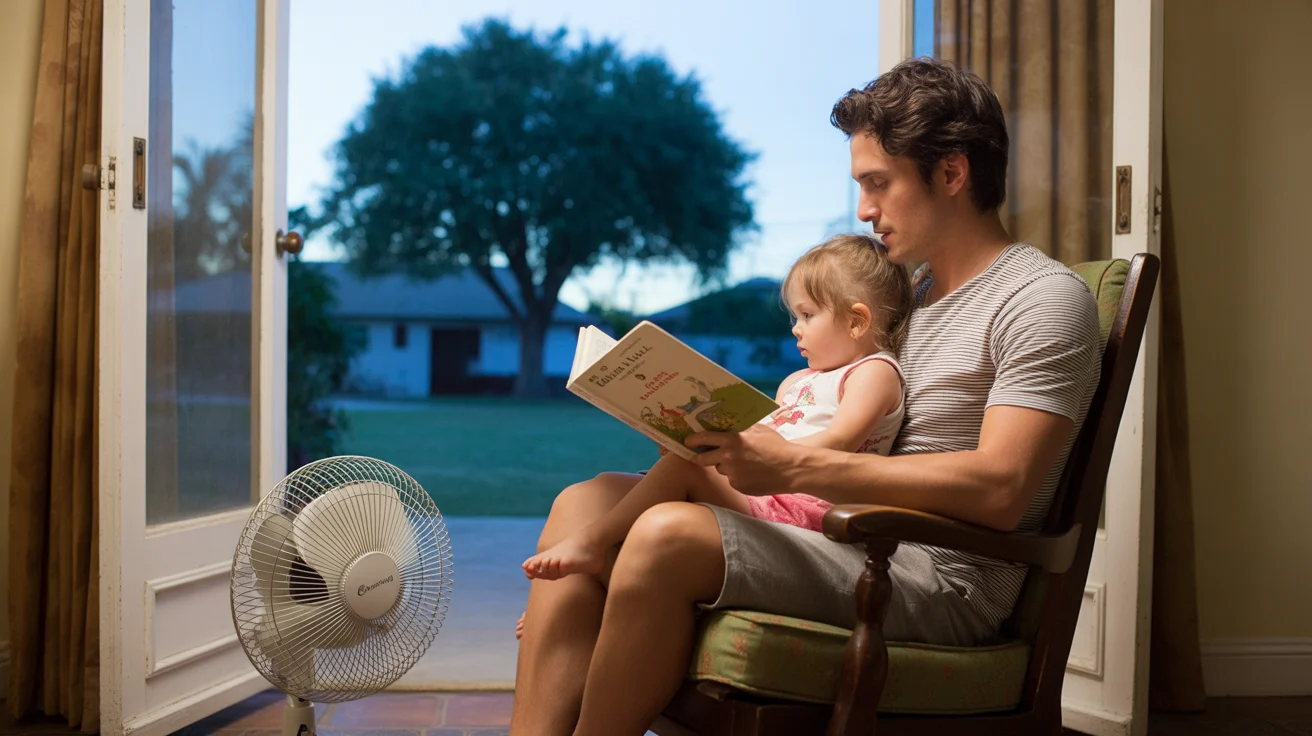 Father reads to daughter in chair by window at home in Tustin, California