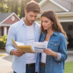 Couple looking concerned at utility bill outside suburban home in Chapel Hill, NC