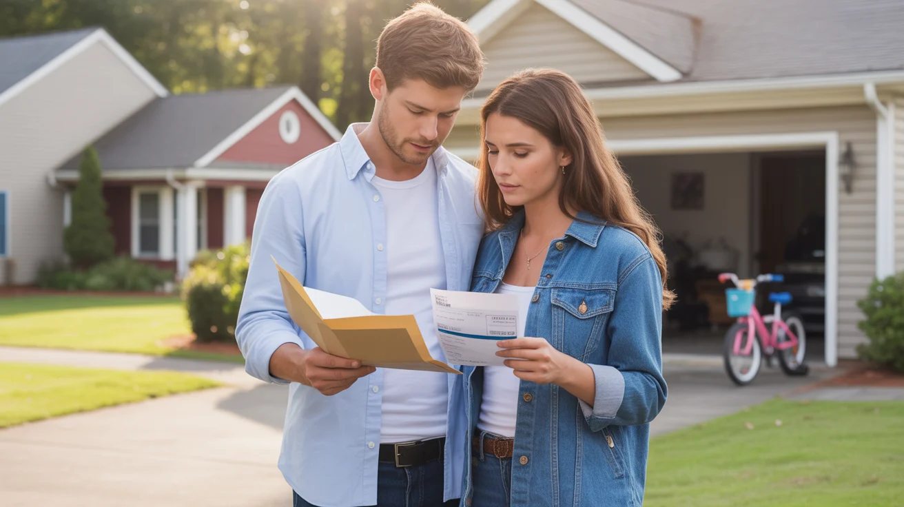 Couple looking concerned at utility bill outside suburban home in Chapel Hill, NC