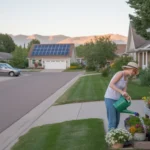A woman waters potted flowers by her garage in a Westminster, Colorado neighborhood at sunset.