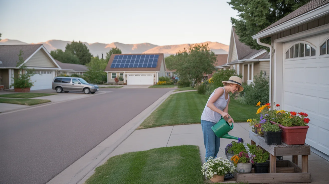 A woman waters potted flowers by her garage in a Westminster, Colorado neighborhood at sunset.
