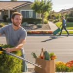 Man trimming hedges in front of suburban home in Murrieta, California