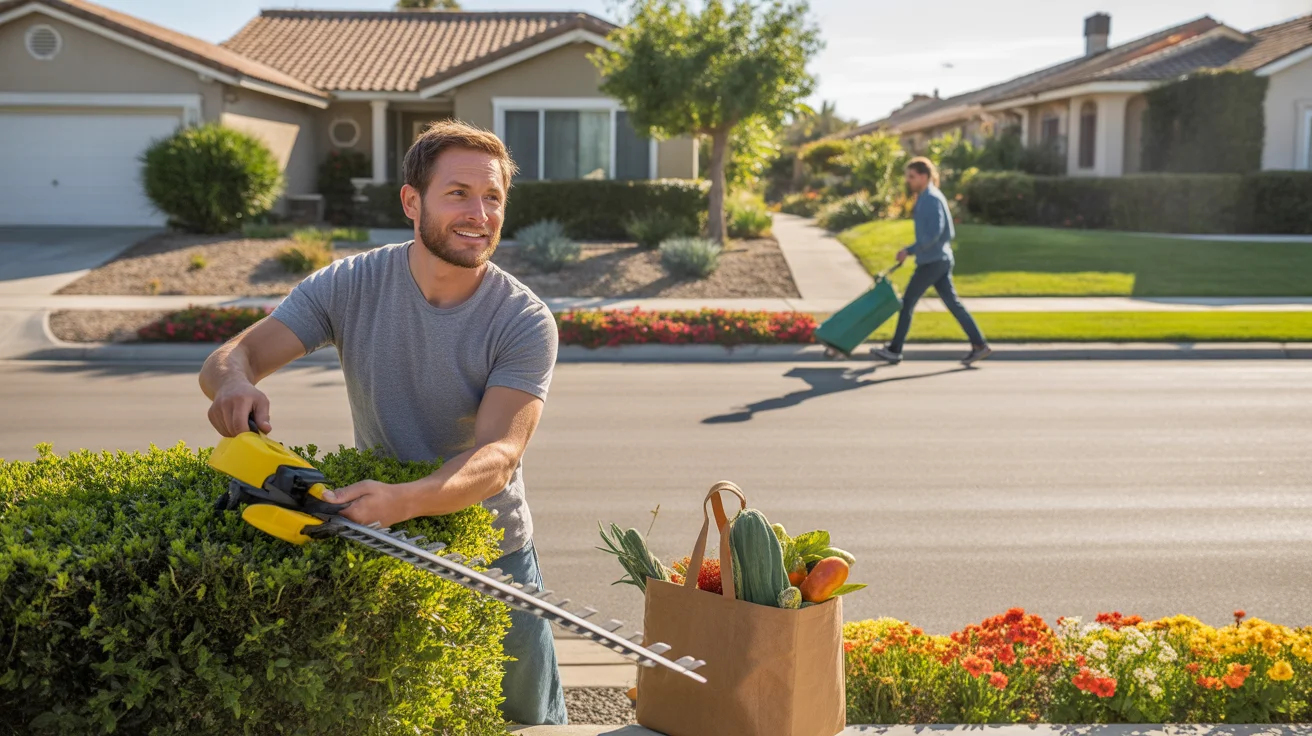 Man trimming hedges in front of suburban home in Murrieta, California