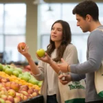 A couple grocery shopping in Thornton, CO compares apples in the produce section
