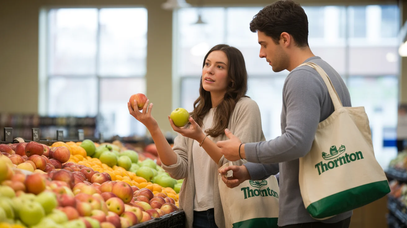 A couple grocery shopping in Thornton, CO compares apples in the produce section