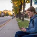 A college student waits for the bus on a chilly autumn evening in suburban Broomfield, Colorado.