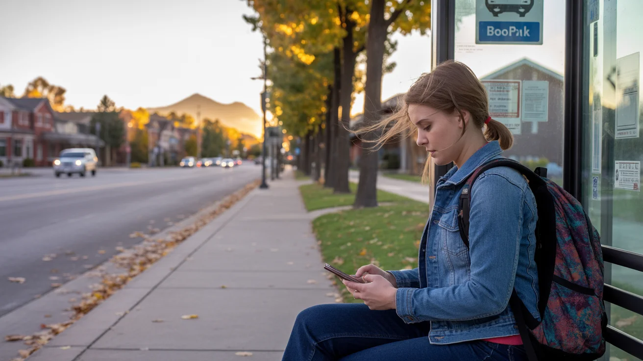 A college student waits for the bus on a chilly autumn evening in suburban Broomfield, Colorado.
