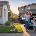Broomfield cul-de-sac at sunset, family arriving home next to house with cat in window