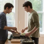 Couple cooking together in bright, minimalist Stonecrest apartment