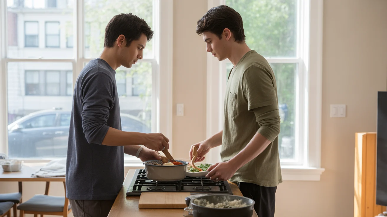 Couple cooking together in bright, minimalist Stonecrest apartment