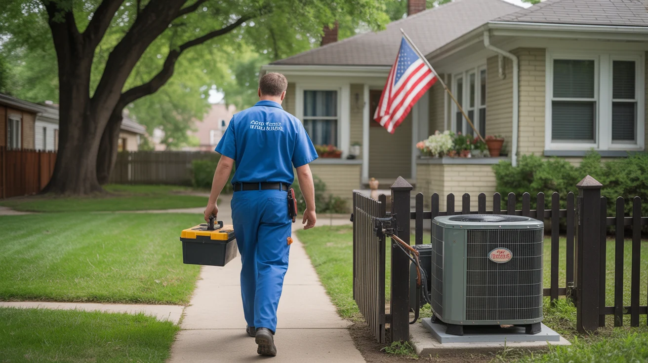 Technician walking to inspect air conditioner at Chicago bungalow home