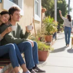Couple sitting on front steps of Pasadena home at sunrise