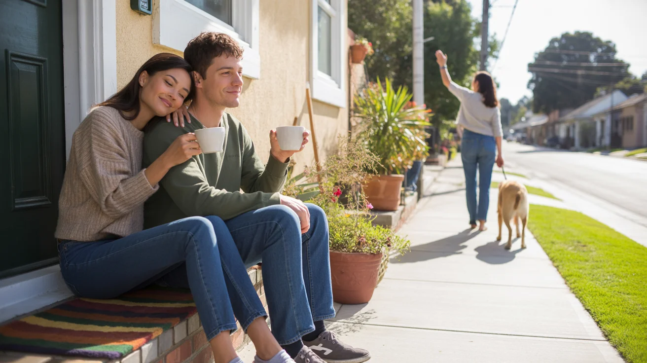 Couple sitting on front steps of Pasadena home at sunrise