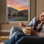 Couple watching TV on couch with toddler playing nearby in Sunrise Manor living room at sunset
