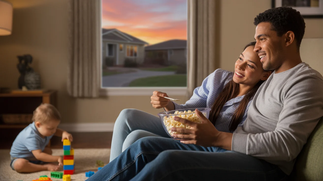Couple watching TV on couch with toddler playing nearby in Sunrise Manor living room at sunset