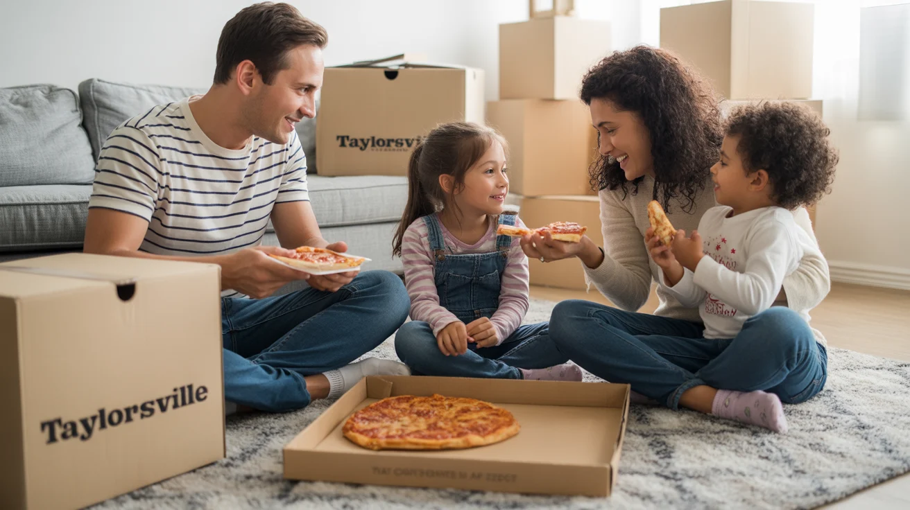 Family eating pizza on floor while unpacking in their new Taylorsville apartment