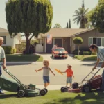 Two neighbors wave while mowing their lawns on a sunny Saturday morning in a San Bernardino suburb, while children play nearby.