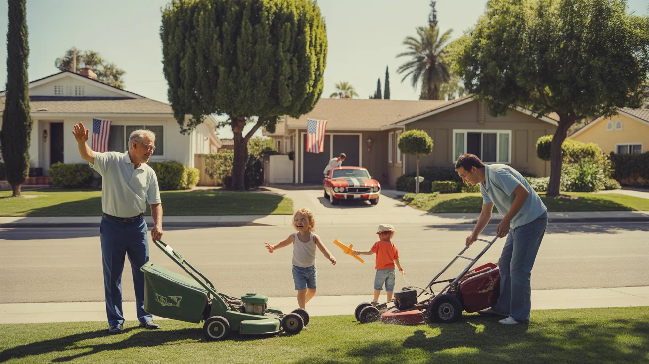 Two neighbors wave while mowing their lawns on a sunny Saturday morning in a San Bernardino suburb, while children play nearby.
