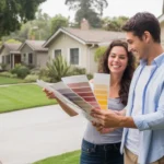 Couple looking at paint swatches outside California ranch home in Orange