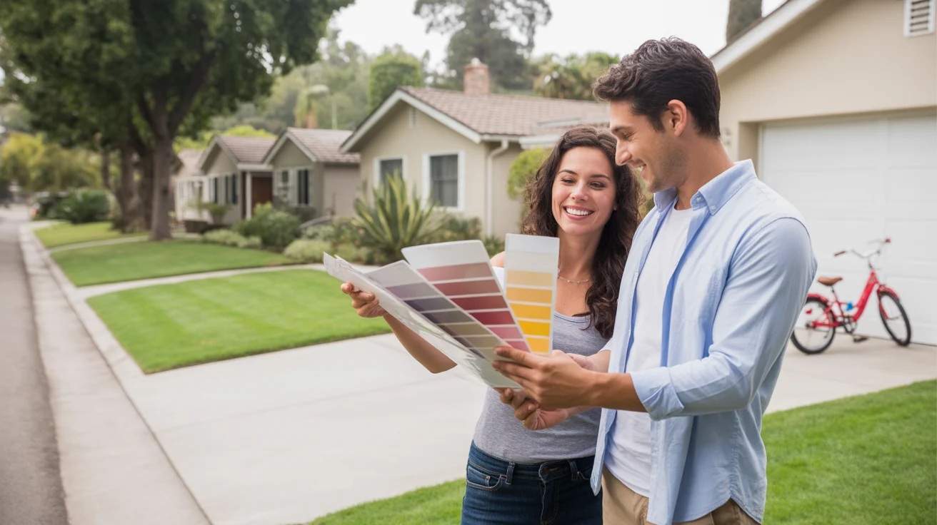 Couple looking at paint swatches outside California ranch home in Orange