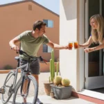 Man assembling bicycle on apartment patio in Spring Valley, NV